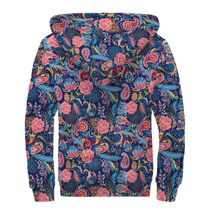 Boho Paisley Pattern Print Sherpa Lined Zip Up Hoodie