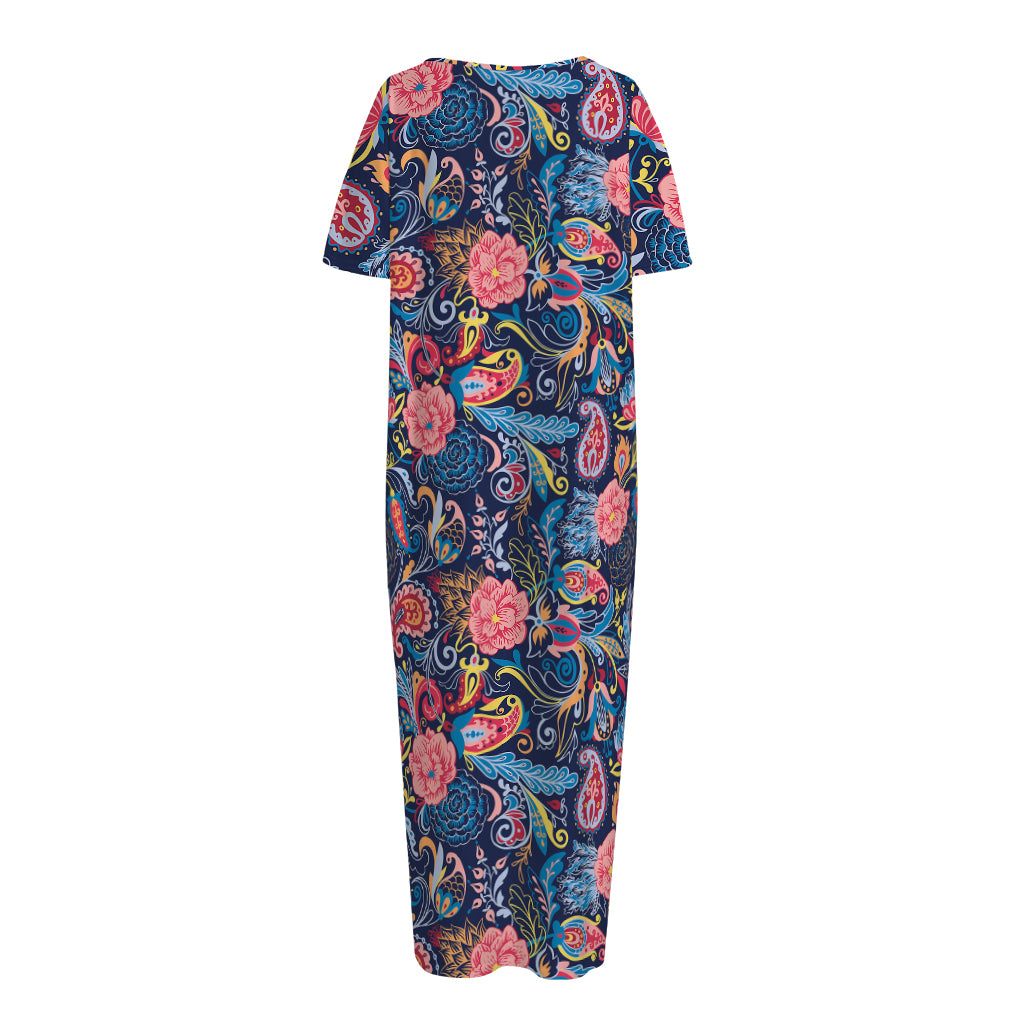 Boho Paisley Pattern Print Short Sleeve Long Nightdress