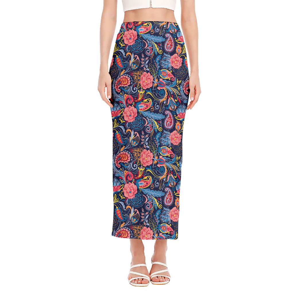 Boho Paisley Pattern Print Side Slit Maxi Skirt