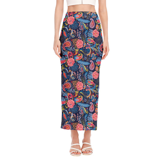 Boho Paisley Pattern Print Side Slit Maxi Skirt