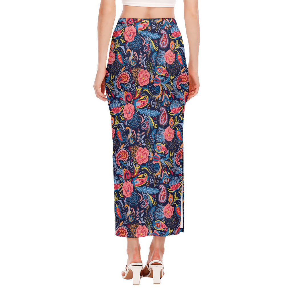 Boho Paisley Pattern Print Side Slit Maxi Skirt