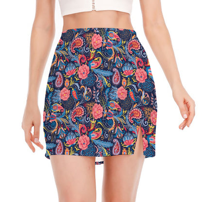 Boho Paisley Pattern Print Side Slit Mini Skirt