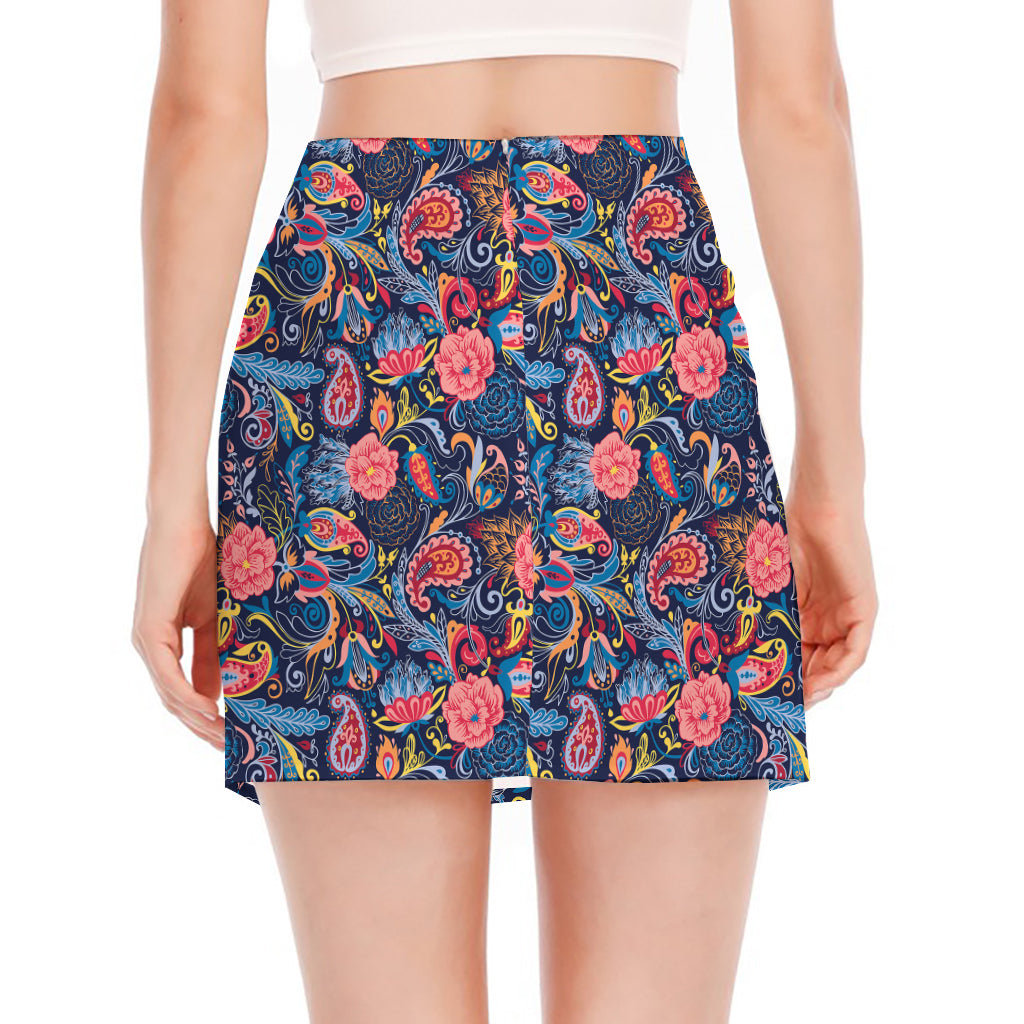 Boho Paisley Pattern Print Side Slit Mini Skirt