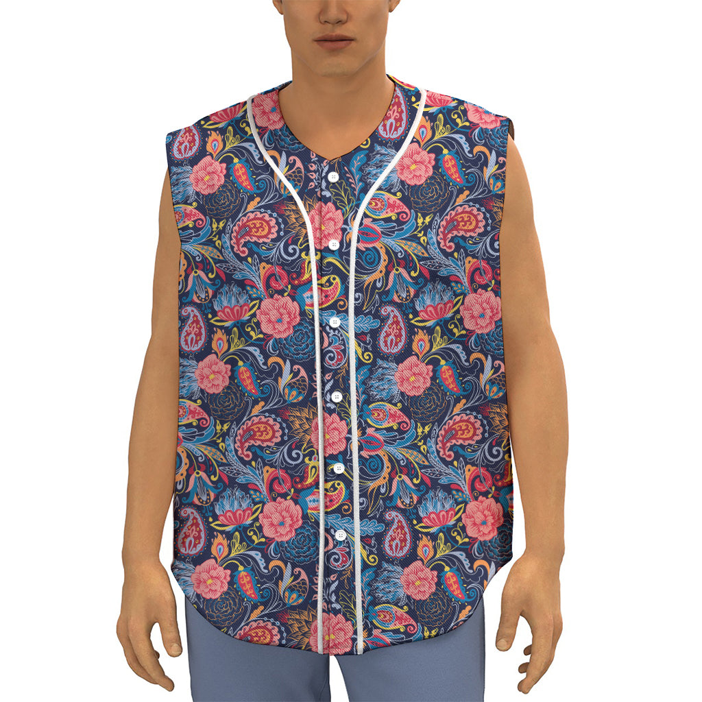 Boho Paisley Pattern Print Sleeveless Baseball Jersey