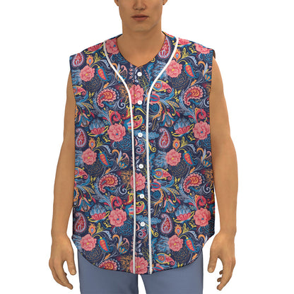Boho Paisley Pattern Print Sleeveless Baseball Jersey