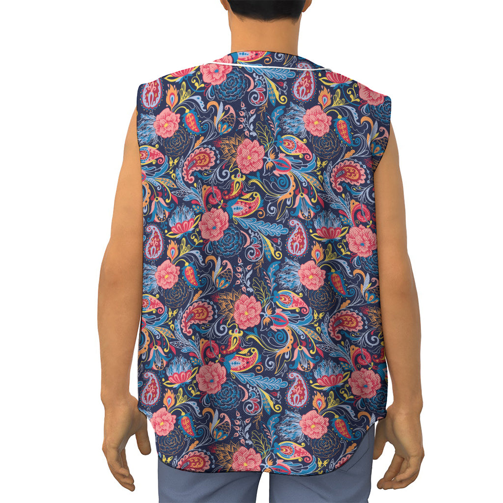 Boho Paisley Pattern Print Sleeveless Baseball Jersey