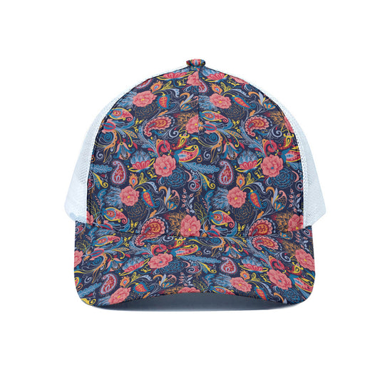 Boho Paisley Pattern Print White Mesh Trucker Cap
