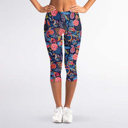 Boho Paisley Pattern Print Women's Capri Leggings
