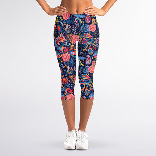 Boho Paisley Pattern Print Women's Capri Leggings
