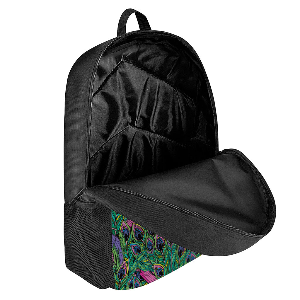 Boho Peacock Feather Pattern Print 17 Inch Backpack