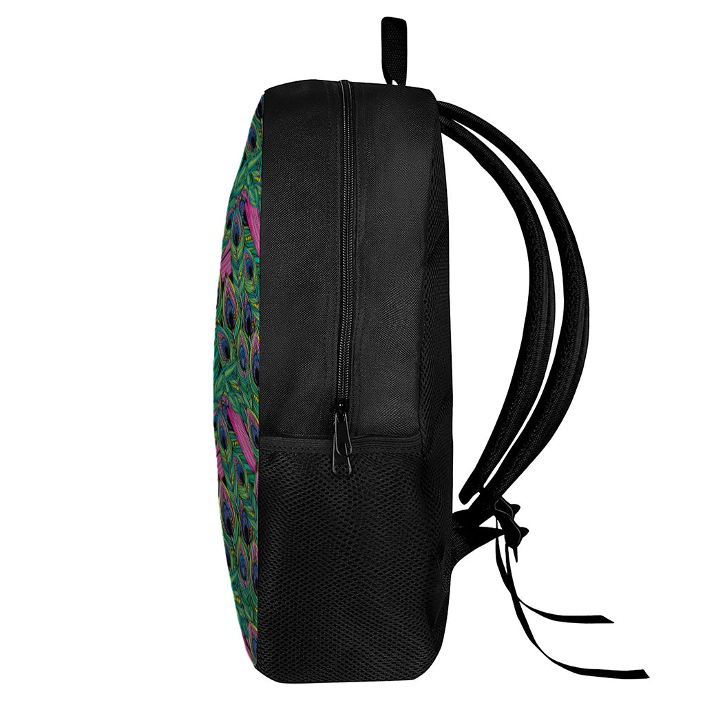 Boho Peacock Feather Pattern Print 17 Inch Backpack