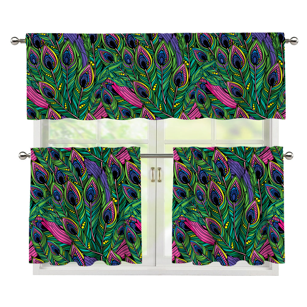Boho Peacock Feather Pattern Print 3 Piece Kitchen Curtains