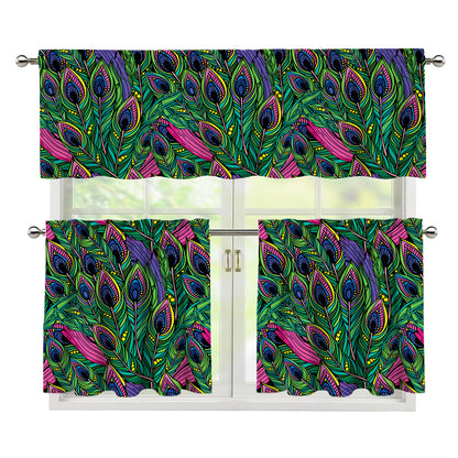 Boho Peacock Feather Pattern Print 3 Piece Kitchen Curtains
