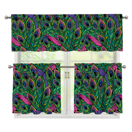 Boho Peacock Feather Pattern Print 3 Piece Kitchen Curtains