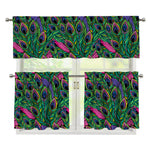 Boho Peacock Feather Pattern Print 3 Piece Kitchen Curtains
