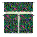 Boho Peacock Feather Pattern Print 3 Piece Kitchen Curtains