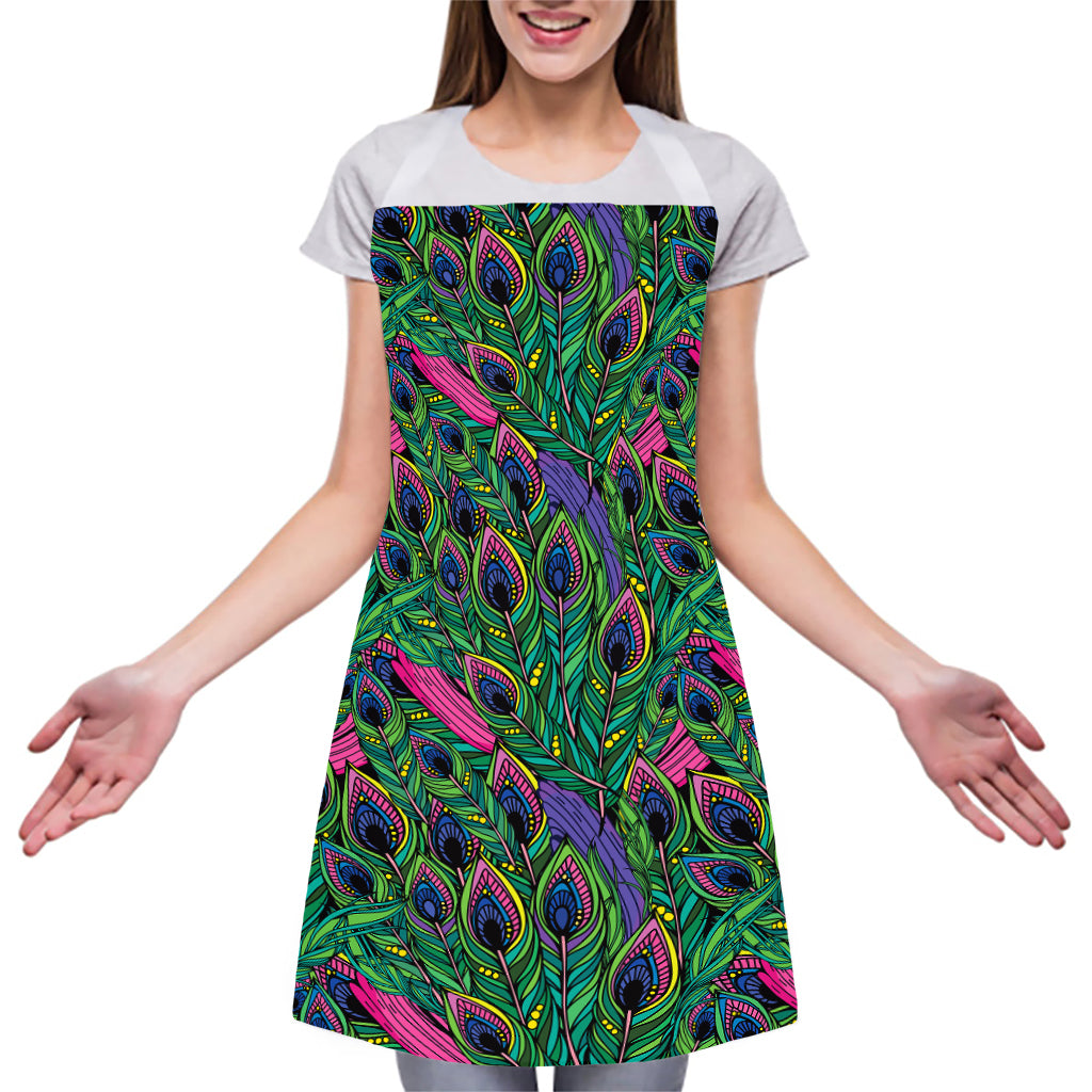 Boho Peacock Feather Pattern Print Adjustable Apron