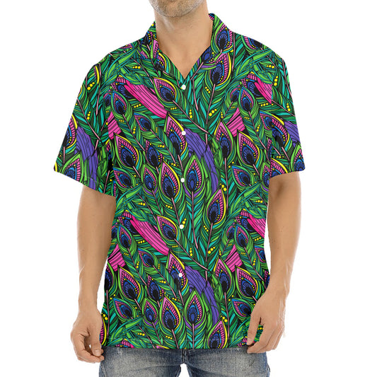 Boho Peacock Feather Pattern Print Aloha Shirt