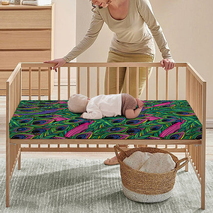 Boho Peacock Feather Pattern Print Baby Crib Sheet