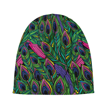 Boho Peacock Feather Pattern Print Beanie