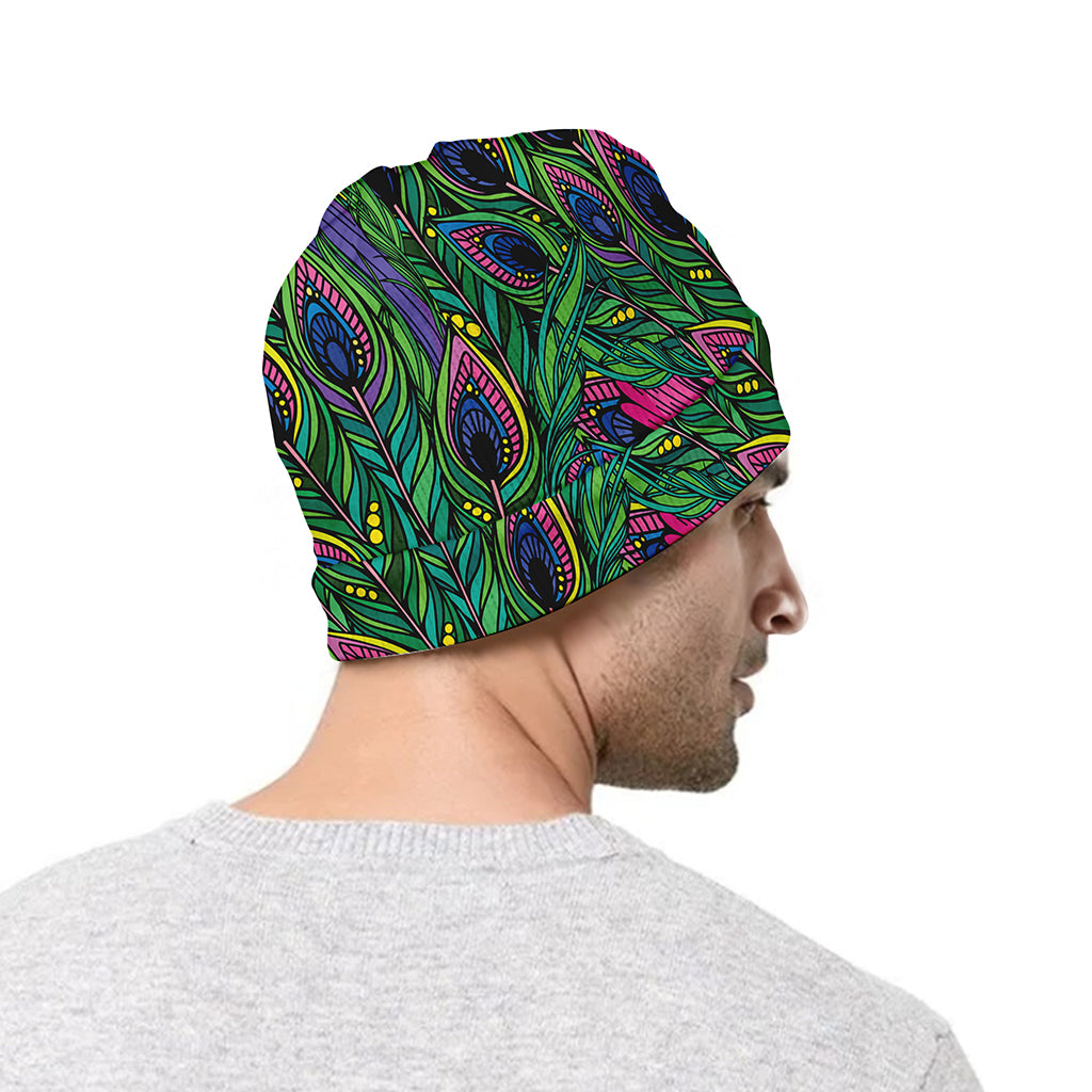 Boho Peacock Feather Pattern Print Beanie
