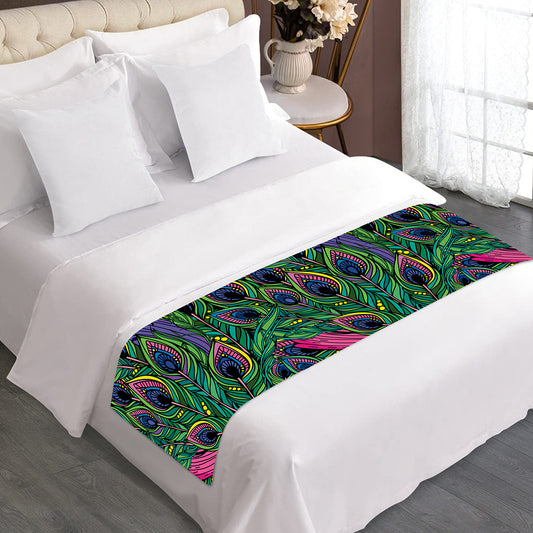 Boho Peacock Feather Pattern Print Bed Runner