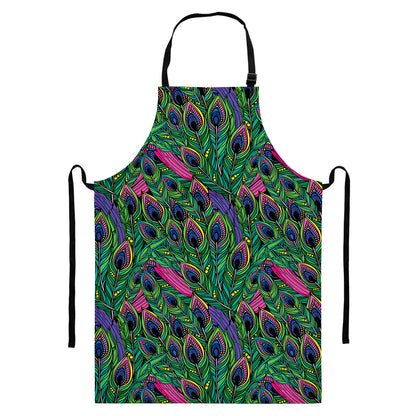 Boho Peacock Feather Pattern Print Bib Apron With Pocket