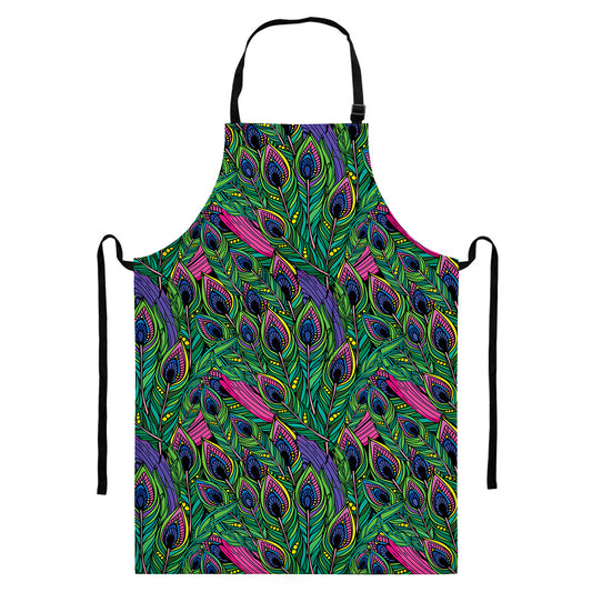 Boho Peacock Feather Pattern Print Bib Apron With Pocket