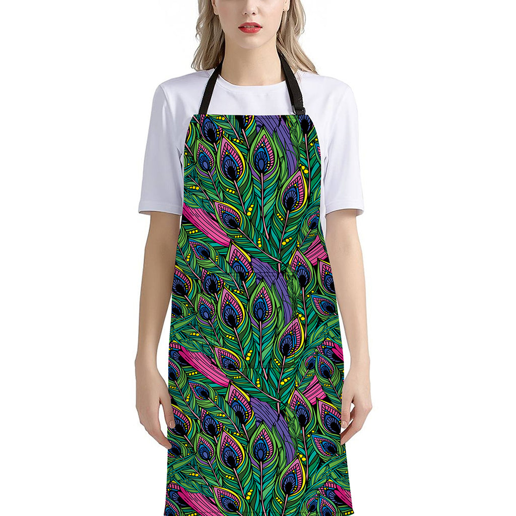 Boho Peacock Feather Pattern Print Bib Apron With Pocket