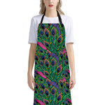 Boho Peacock Feather Pattern Print Bib Apron With Pocket