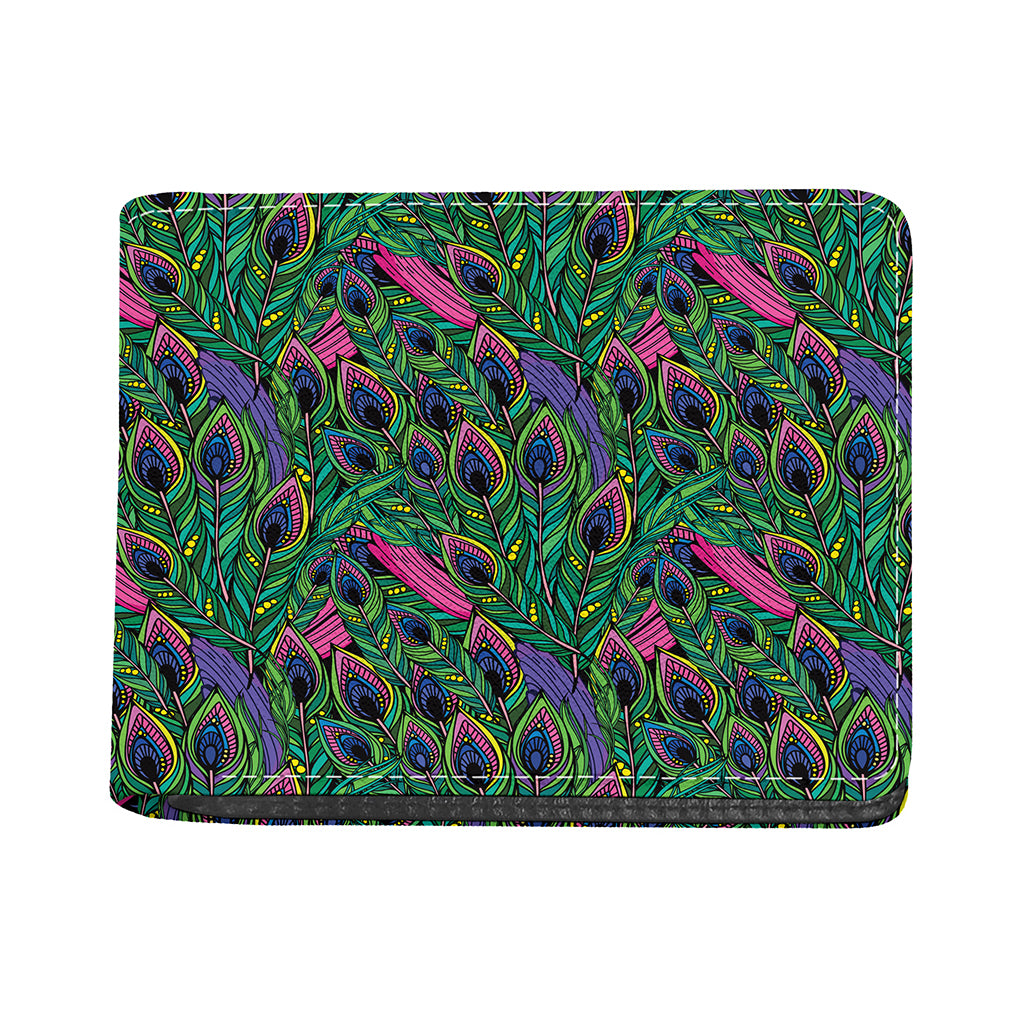 Boho Peacock Feather Pattern Print Bifold Wallet