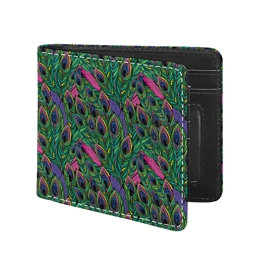 Boho Peacock Feather Pattern Print Bifold Wallet