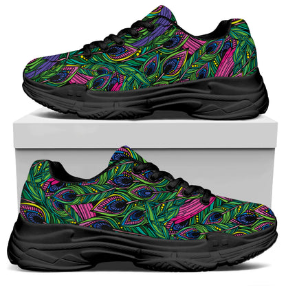 Boho Peacock Feather Pattern Print Black Chunky Shoes