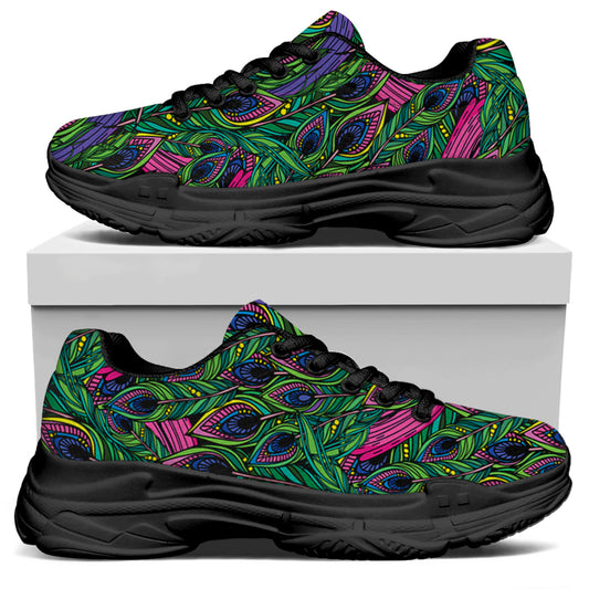 Boho Peacock Feather Pattern Print Black Chunky Shoes