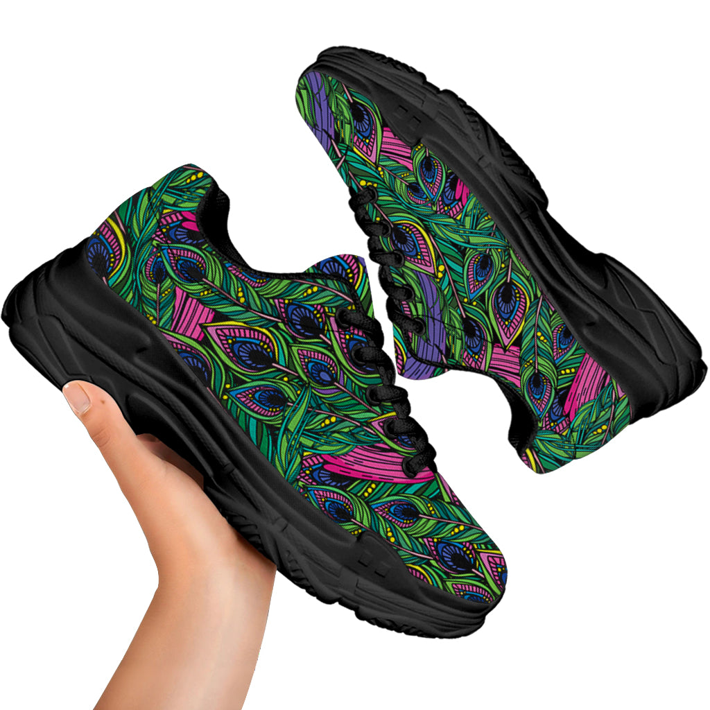 Boho Peacock Feather Pattern Print Black Chunky Shoes