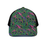 Boho Peacock Feather Pattern Print Black Mesh Trucker Cap