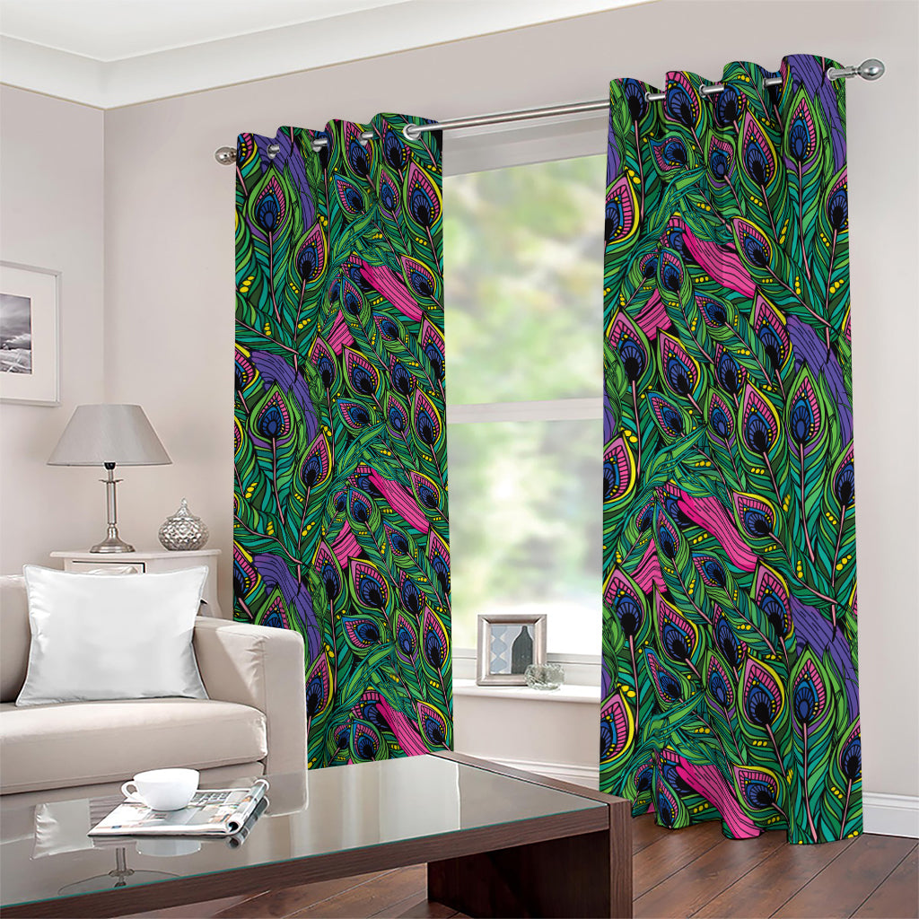 Boho Peacock Feather Pattern Print Blackout Grommet Curtains