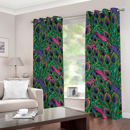 Boho Peacock Feather Pattern Print Blackout Grommet Curtains
