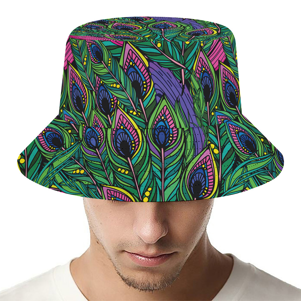 Boho Peacock Feather Pattern Print Bucket Hat