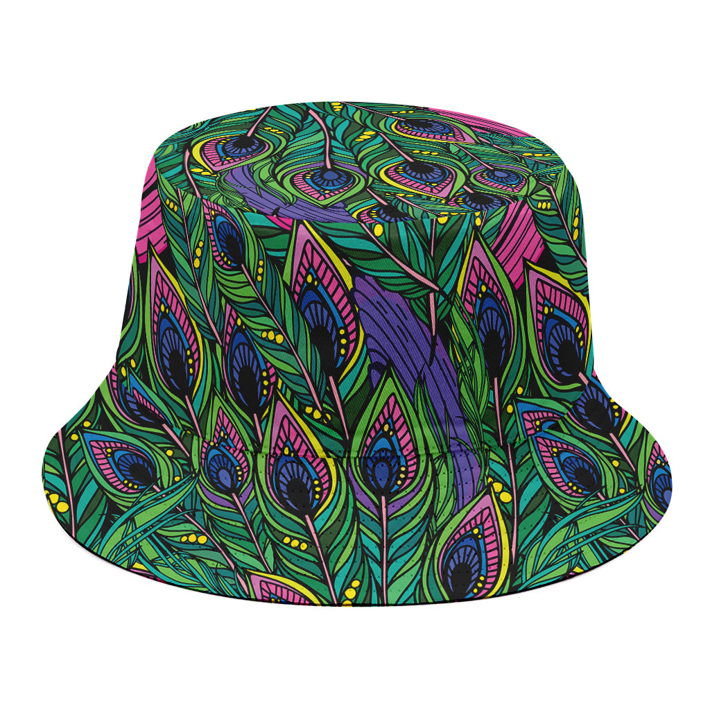 Boho Peacock Feather Pattern Print Bucket Hat