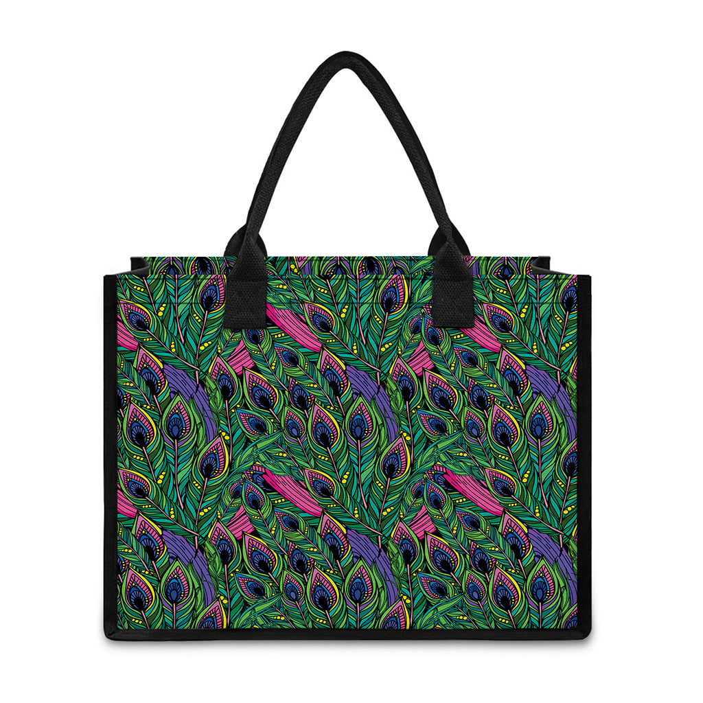 Boho Peacock Feather Pattern Print Canvas Tote Bag
