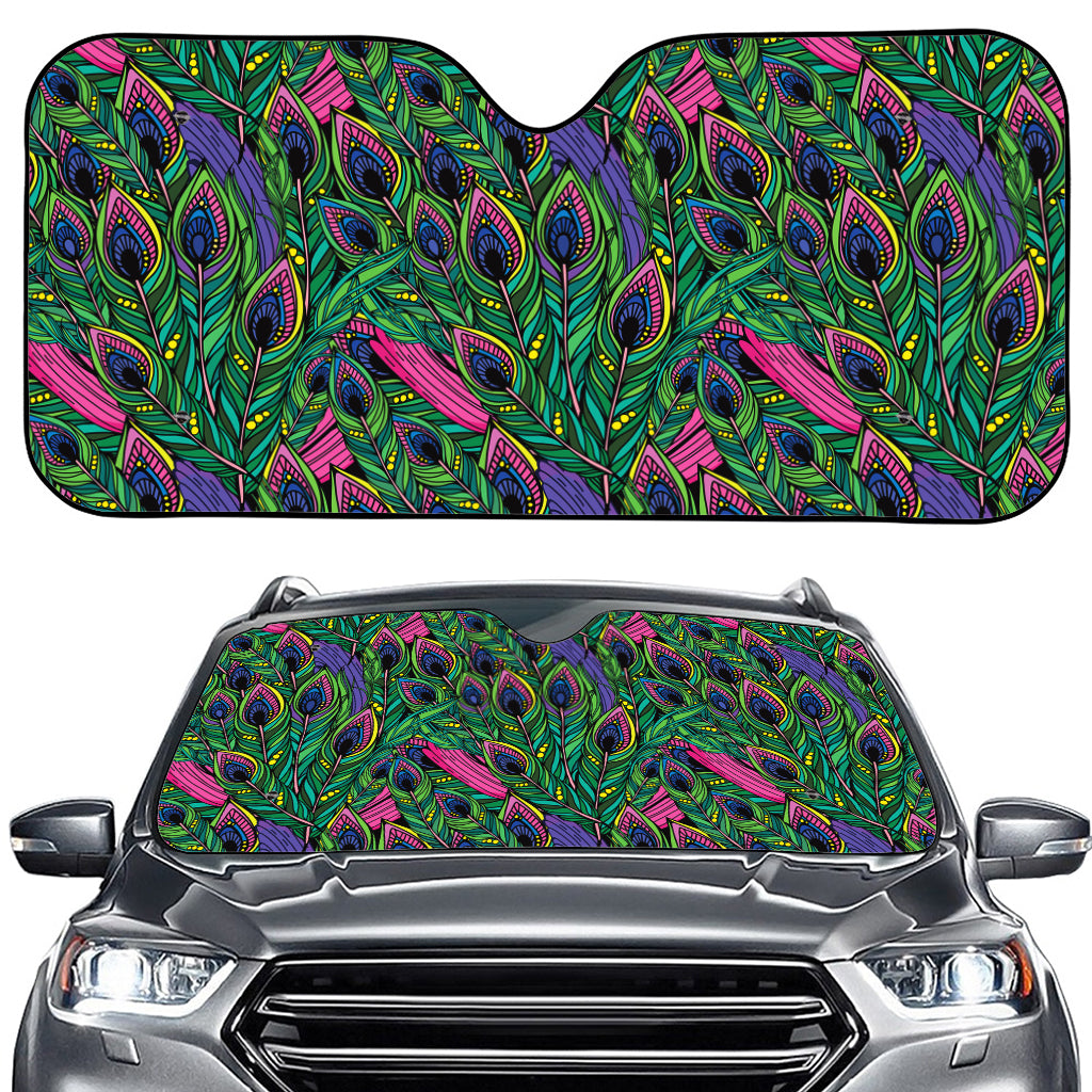 Boho Peacock Feather Pattern Print Car Windshield Sun Shade