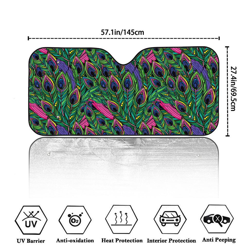 Boho Peacock Feather Pattern Print Car Windshield Sun Shade