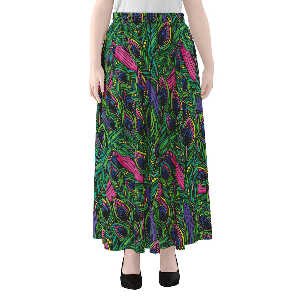 Boho Peacock Feather Pattern Print Chiffon Maxi Skirt