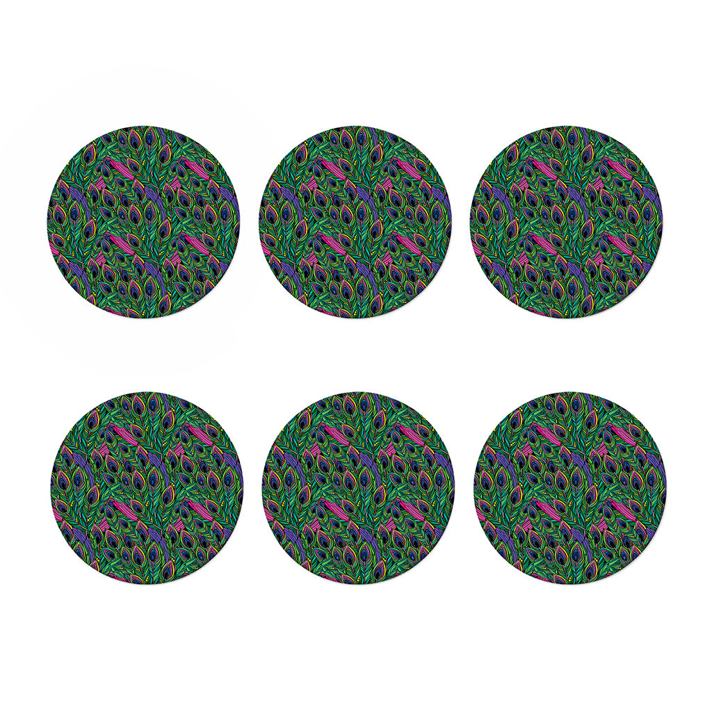 Boho Peacock Feather Pattern Print Coaster Set