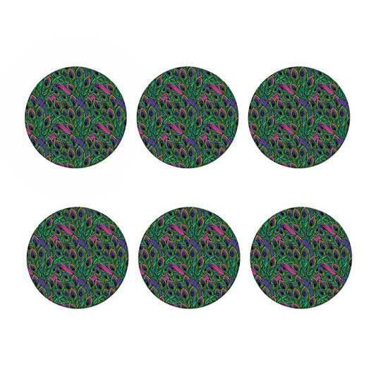 Boho Peacock Feather Pattern Print Coaster Set