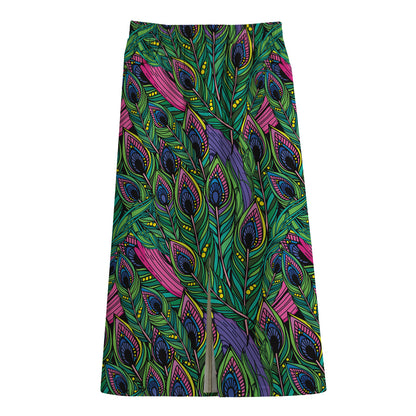 Boho Peacock Feather Pattern Print Cotton Front Slit Maxi Skirt