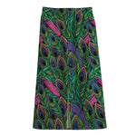 Boho Peacock Feather Pattern Print Cotton Front Slit Maxi Skirt