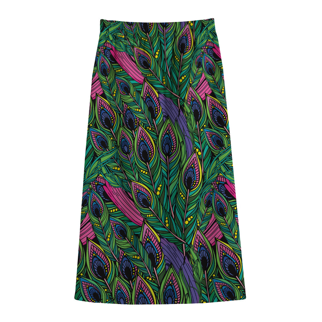 Boho Peacock Feather Pattern Print Cotton Front Slit Maxi Skirt