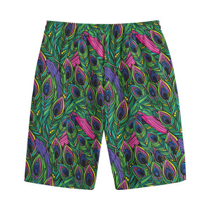 Boho Peacock Feather Pattern Print Cotton Shorts